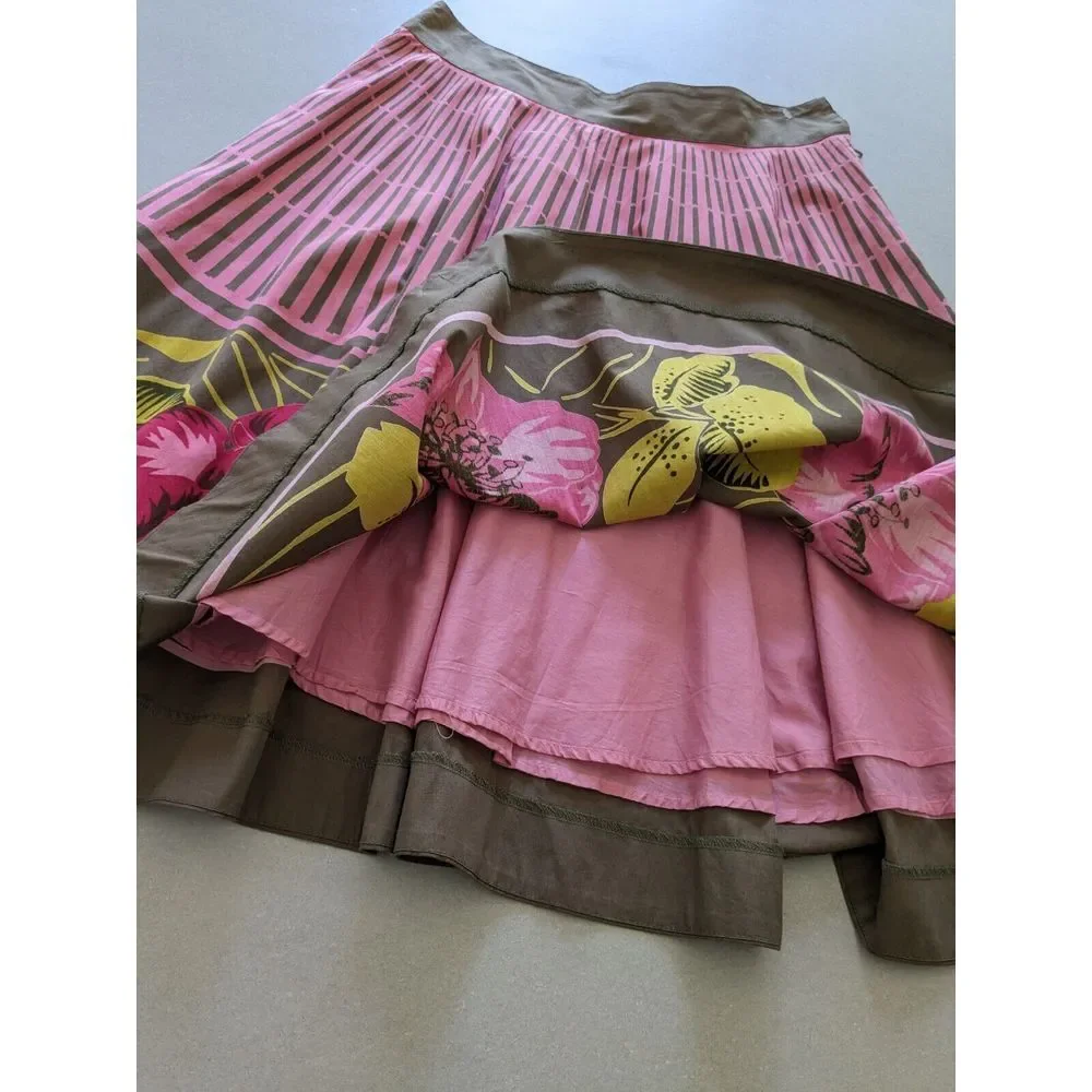 ANTHROPOLOGIE ODILLE Sz 6 Floral Tropical‎ Stripe Pink A-Line Flair Skirt EUC - Picture 3 of 8